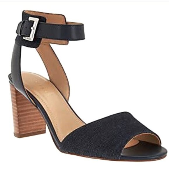 MARC FISHER Denim Ankle Strap Block Heel Sandals, Size 7M - Picture 1 of 7